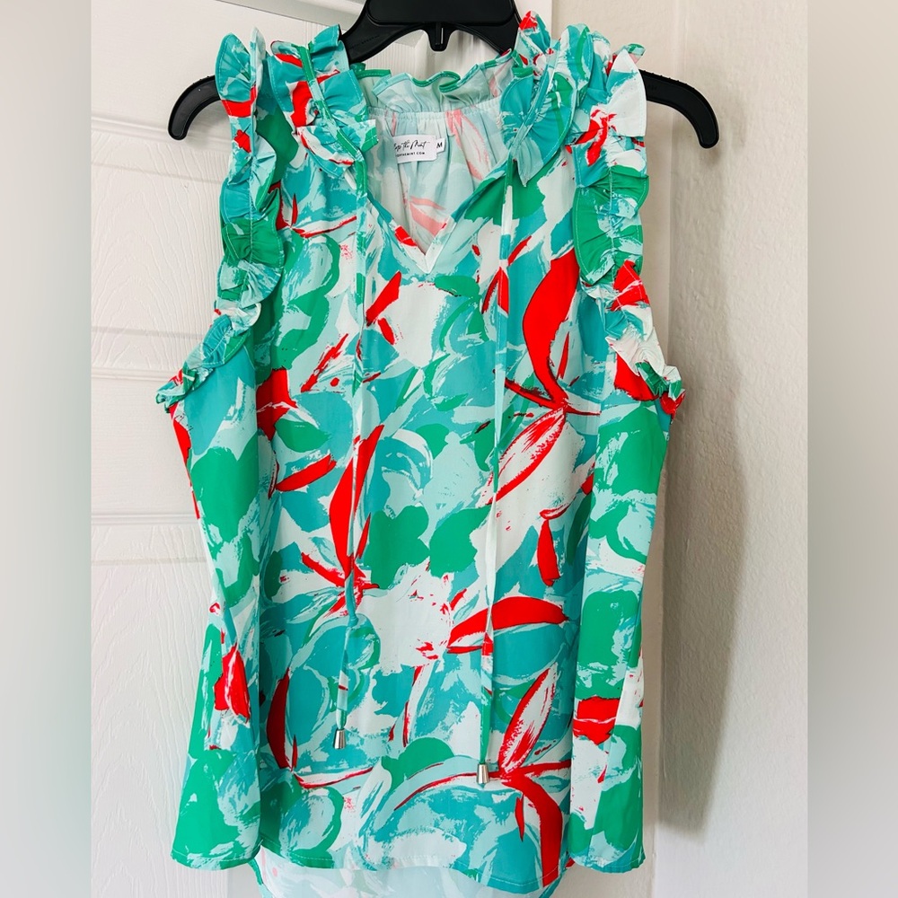 Sleeveless Ruffle V-Neck Blouse in Aqua Floral Shop the Mint